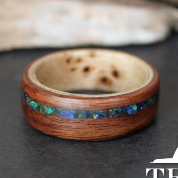 Santos Rosewood lined with Mappa Burl and offset Azurite and Malachite inlay Handmade Bentwood ring