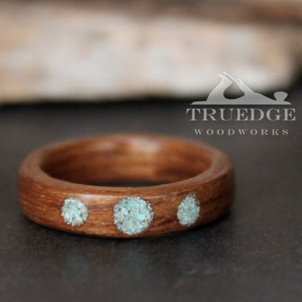 Teak Wood with three circular turquoise inlay Handmade Bentwood ring