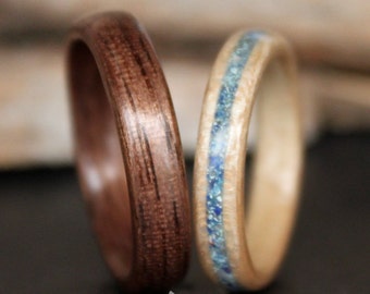 Classic Walnut and Sycomore with Sleeping beauty Turquoise, Azurite, and Mother of Pearl inlay Ring set, Handmade Bentwood ring