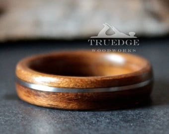 Teak wood with offset Silver inlay Handmade Bentwood ring