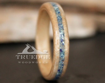 Sycamore wood with crushed Sleeping Beauty Turquoise, Azurite, and Mother of Pearl Inlay Handmade Bentwood ring