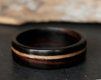 Ebony wood ring with offset red elm inlay Handmade Bentwood ring