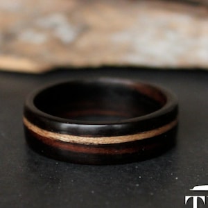 Ebony wood ring with offset red elm inlay Handmade Bentwood ring