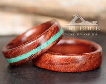 Dacht "Waterval" Bubinga Ring set met offset Malachiet inlay, handgemaakte gebogen hout ring