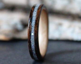 Mozambique lined with Maple and centered mother of pearl Inlay Handmade Bentwood ring