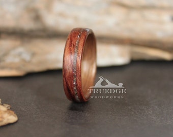Figured Bubinga lined with Walnut with offset Black Mother of Pearl inlay Handmade Bentwood ring