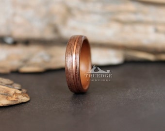 Walnoot bekleed met zwarte kers en offset koperen inleg Handgemaakte gebogen houten ring