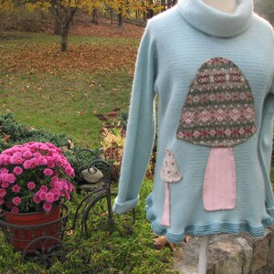 May include: A light blue sweater with a pink and brown mushroom applique. The mushroom has a patterned top and a pink stem.