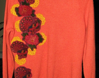 Cashmere sweater - Hand stitched appliques - peacocks - Anthropologie - one of a kind - Johnny Was