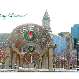 Frohe Weihnachten-Grußkarte von Long Wharf Boston (Christopher Columbus Park)