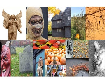 Halloween greeting card Salem Witch House spooky Halloween card graves pumpkins Halloween collage