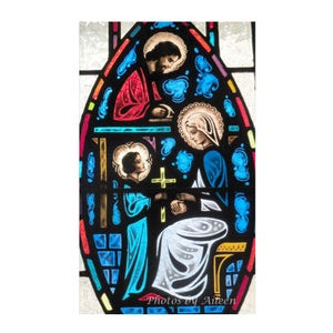 Eerste communie kaart, kaart van de heilige communie, Heilige familiekaart, Gebrandschilderd glas kaart