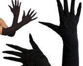 Black Soft Stretch Zentai Evening Gloves with Long Extended Costume Fingers - Goth Halloween Cosplay Horror Unisex Adult Child XS-M-XL