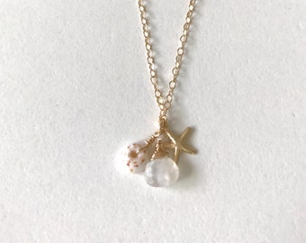 Gold fill puka shell gold fill necklace, moonstone shell necklace, starfish charm, ocean jewelry, beach necklace - MAILE