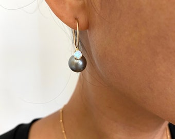 Tahitian Pearl gold fill hoop earrings with Opal