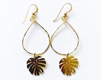 Gold Monstera leaf hoop earrings, gold fill hoop earrings