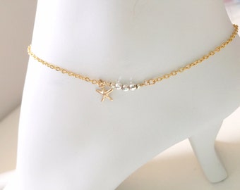 TWINKLE Gold Starfish Anklet - 14k gold fill chain anklet with shiny sterling silver beads, beach anklet, two tone anklet