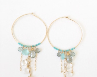 LANI - 14k gold hoop dangle earrings with raw rutilated quartz, peruvian opal, aqua chalcedony, gold hoop dangle earrings, beach jewelry