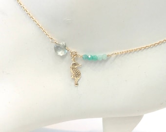 Tiny seahorse anklet - amazonite and green amethyst anklet with tiny seahorse charm, beach anklet, hawaii jewelry, amazonite anklet