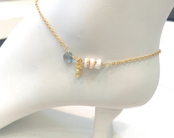 MAILE anklet with moss aquamarine, puka shell anklet, beach anklet, hawaii shell jewelry