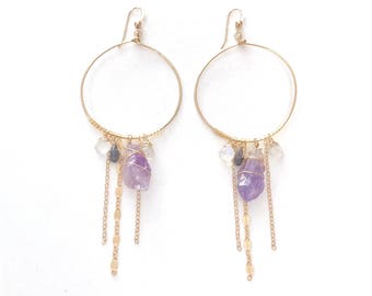 Raw Amethyst gold hoop earrings with coral, iolite, beach hoop earrings, resort jewelry, made in hawaii - PORTOFINO