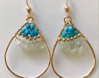 SEDONA Turquoise - 14k gold fill hand hammered hoop earrings, beach earrings, turquoise earrings, aquamarine hoop earrings, something blue