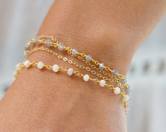 SYDNEY - 14k gold fill gemstone double layer bracelet, pink opal bracelet, simple gold bracelet, gold layering bracelet, bridesmaid gift