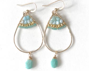 SEDONA deluxe - 14k Gold fill beaded hoop earrings with amazonite, pyrite, glass beads, sleeping beauty turquoise hoop earrings