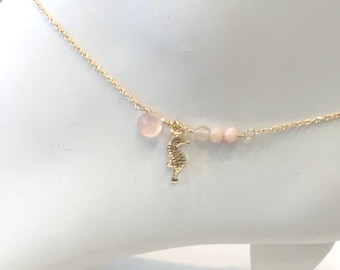 Tiny seahorse anklet - pink chalcedony and coral anklet with tiny seahorse charm, beach anklet, hawaii jewelry, coral anklet, pink anklet