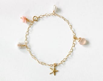 WAILUA bracelet - pink coral bracelet, starfish charm bracelet, bridesmaid gift, freshwater pearl bracelet, puka shell