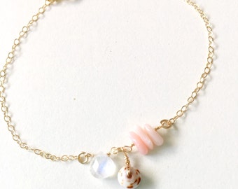 PAIA bracelet - 14k gold fill puka shell bracelet, moonstone bracelet, coral bracelet, beach jewelry, ocean jewelry, resort jewelry