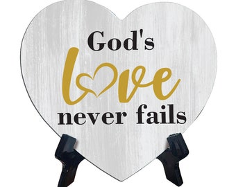 Signs ByLITA Heart God's love never fails, Wood Color, Table Sign (6"x5")