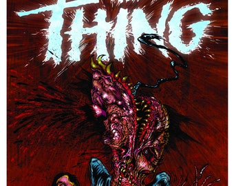 May include: A digital illustration of a monstrous creature with a human-like face and body, with tentacles and other appendages. The creature is attacking two people, who are tied up and screaming. The background is a red and black splatter pattern. The text "THE THING" is written in white letters at the top of the image.