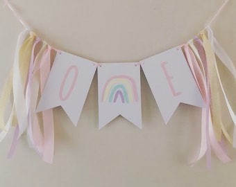Pastel Rainbow First Birthday Banner, Highchair Garland, Boho Rainbow Birthday, Highchair Banner, One Bunting, One Banner Boho Decor Party