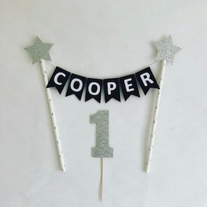 Custom Personalised Personalized Cake Topper Black And White Cake Bunting Glitter Cake Topper Name Topper Bunting Cake Topper Boys 1st