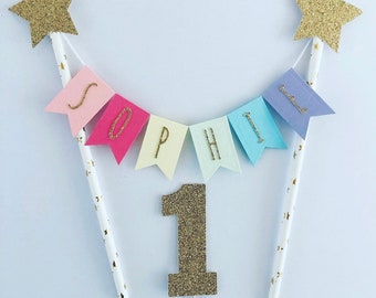 1st Birthday Topper, Custom,Personalised cake bunting,Cake bunting,Pastel Cake Topper, Pastel Rainbow Cake bunting,1st birthday cake topper