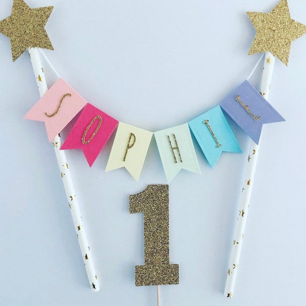 1st Birthday Topper, Custom,Personalised cake bunting,Cake bunting,Pastel Cake Topper, Pastel Rainbow Cake bunting,1st birthday cake topper