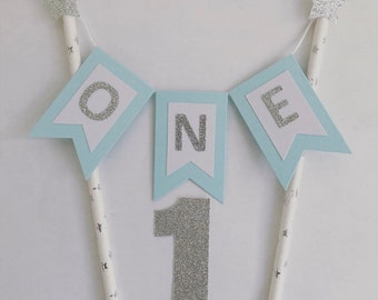 First Birthday Cake Topper, 1st Birthday Cake Bunting, Boys First Birthday Cake Topper, Blue & Silver Cake Bunting, First Birthday Decor