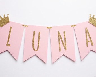 Happy Birthday Banner, Pink And Gold Bunting, Personalsed,Custom,Personalized Bunting,Princess Party, Any Age,Any Name, 1st 21st,39th,40th