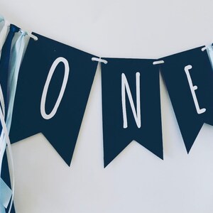 Puede incluir: Una pancarta azul marino con letras blancas que deletrean "ONE" con serpentinas azules y blancas adjuntas.