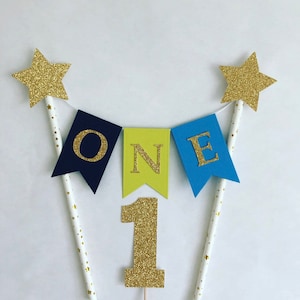 One Cake Topper One Cake Bunting 1st Birthday Cake Topper Smash Cake Topper Navy Lime Gold Blue Cake Topper Glitter Cake Topper 1 Today
