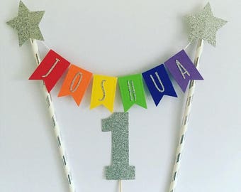 Handmade Personalized Rainbow Cake Topper Personalised Rainbow Cake Bunting Custom Cake Topper Rainbow Party Flag Bunting Star Cake Topper
