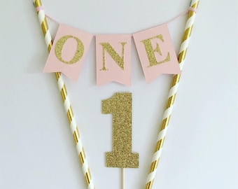 Girls First Birthday Cake Topper 1st Birthday Cake Bunting 1st Birthday Topper Pink and Gold Decorations Cake Banner Baby Girl 1st Birthday