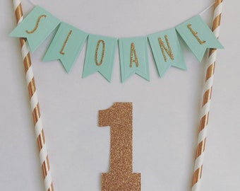 Handmade Custom Personalised Personalized Rose Gold And Mint Cake Topper Cake Bunting Rose Gold Glitter Cake Topper Customisable Girl 1st