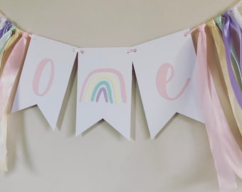 Pastel Rainbow First Birthday Banner, Highchair Garland, Boho Rainbow Birthday, Highchair Banner, One Bunting, One Banner Boho Decor Party