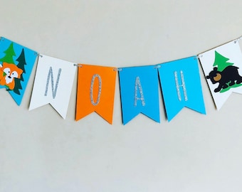 Gepersonaliseerde gepersonaliseerde bunting op maat. Vos, bos, Beer Bunting. Verjaardagsfeest Bunting, Muurbanner, Nursary Decor, Bunting