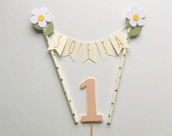 Adorno para tarta de flores, centro de mesa de flores silvestres, primer cumpleaños de niña, decoraciones para fiesta de flores silvestres, banderines para tartas, decoración para fiesta en el jardín