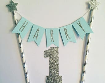 Custom Boys Birthday Cake Topper Boys Personalised Cake Bunting Blue And Silver Personalized Cake Topper Name Cake Topper Silver And Blue