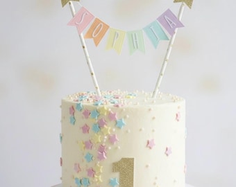 Personalised Cake Topper,1st Birthday Pastel Rainbow Cake Bunting, Custom Cake Topper,Rainbow Birthday,Centerpiece,Cake Bunting,Party Decor
