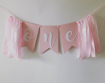 Pink and White First Birthday Banner, Highchair Garland, Boho Rainbow Birthday, Highchair Banner, One Bunting, One Banner Boho Decor Party